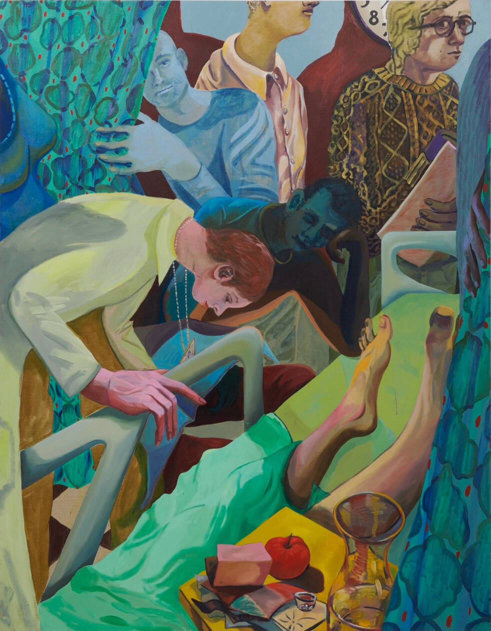 Hospital bed and people surrounding it. At the bottom of the piece, there is a board with food on it. A man is peeking out from a blue curtain in the top left of the piece.